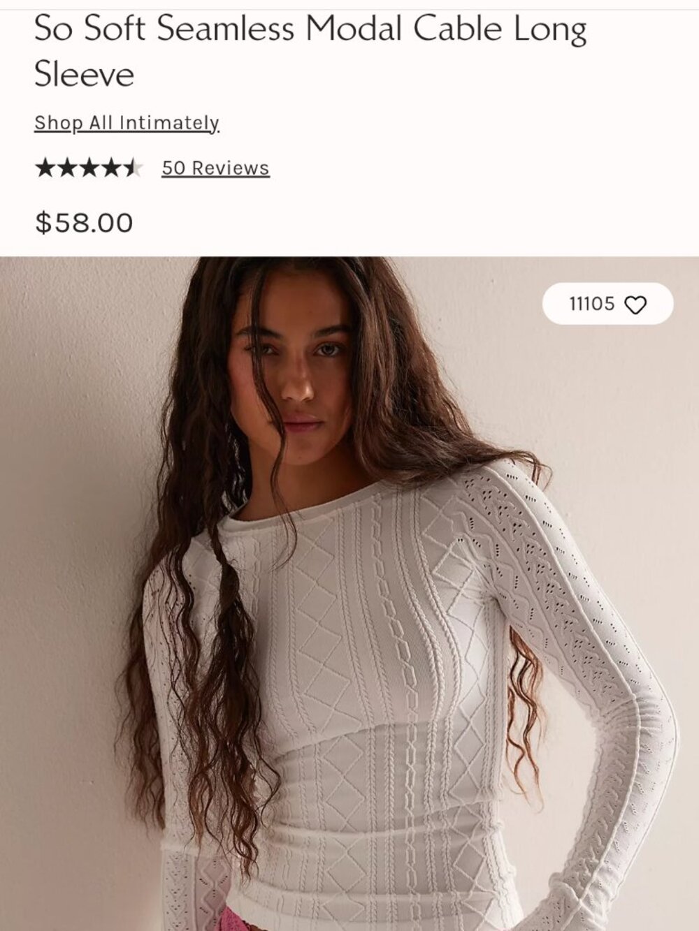 Free People So Soft Seamless Modal Cable Long Sleeve, Size M